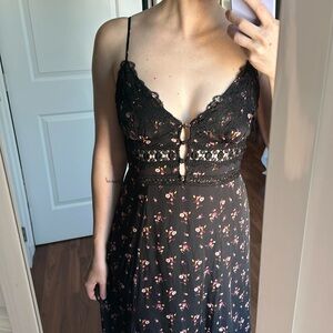 Free People Black Maxi Dress with Pink Floral Accents